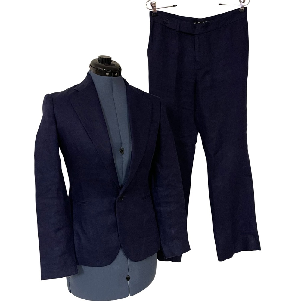 Ralph Lauren Black Label Women Blue 100% Linen Blazer Pant Suit Set Minimalist 4